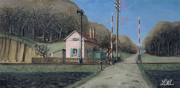 Wolfgang Lettl - Bahnübergang (Railrod Crossing)  1957, 34,5x68,5 cm