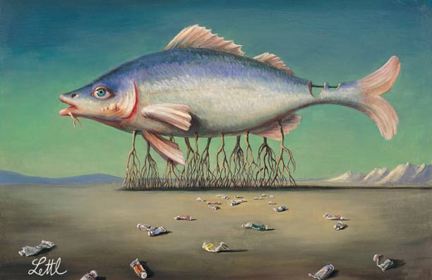 Wolfgang Lettl - Der Wurzelfisch (The Rootfish) 1977, 40x60 cm